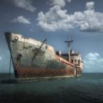 Home A rusty abandoned ship partially submerged in the ocean under a cloudy sky, evoking nostalgia.